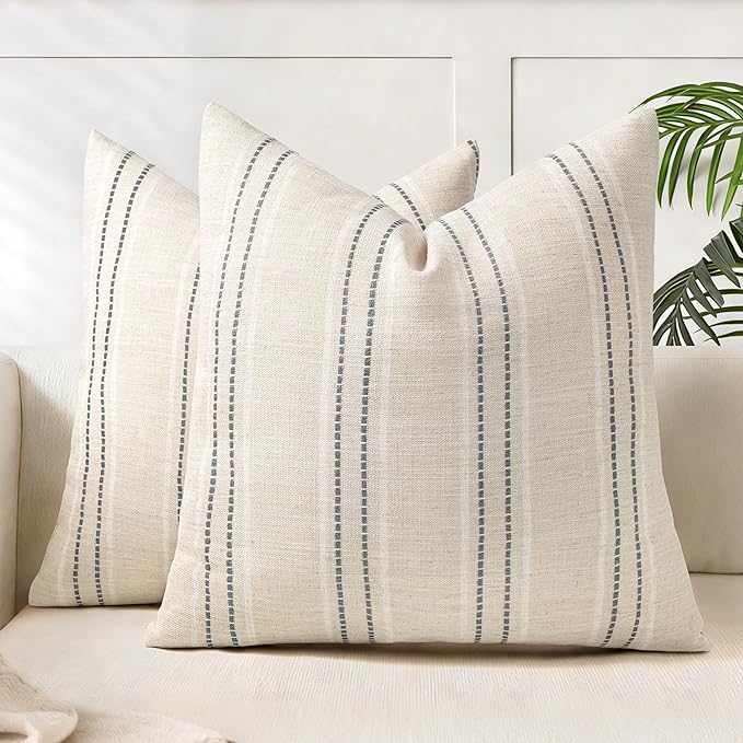 AELS 18x18 Decorative Farmhouse Linen Blend Throw Pillow Covers, Boho Textured Pillow Case, Set of 2, Beige with White & G...