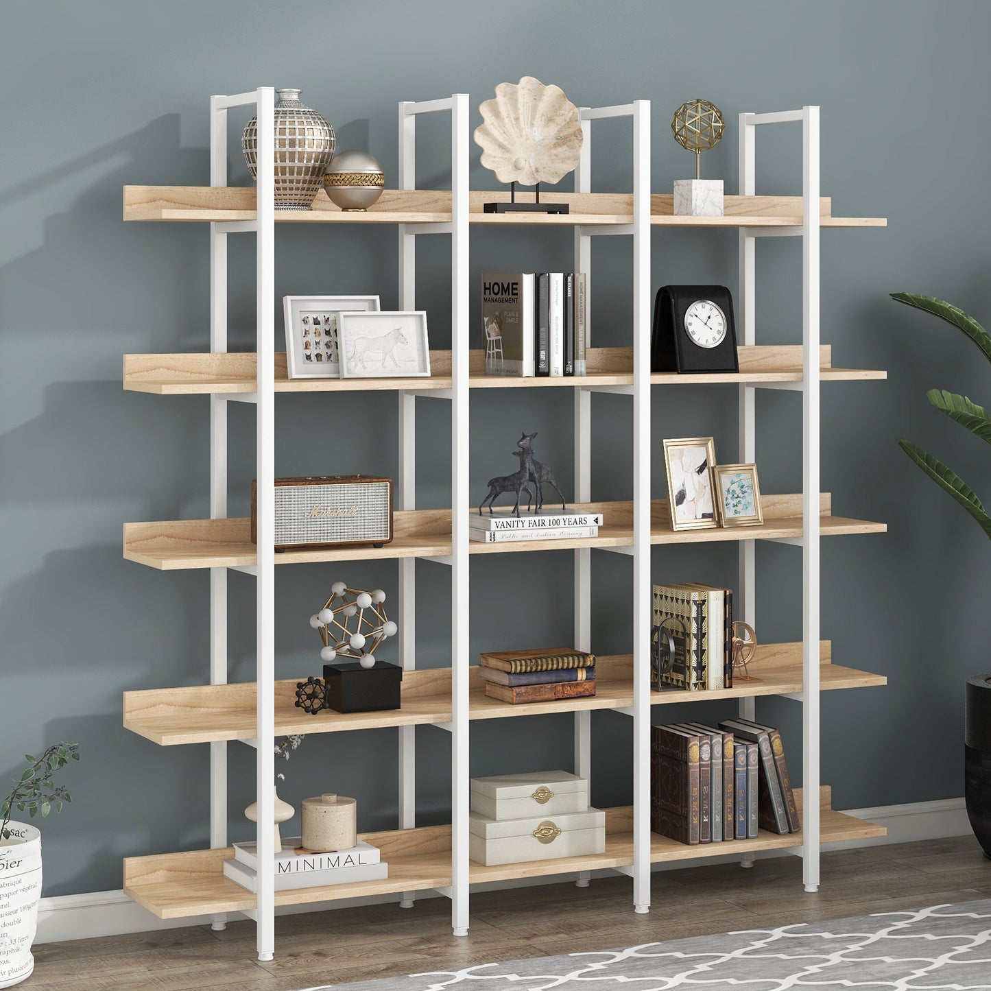 5 Tier Bookcase Home Office Open Bookshelf, Vintage Industrial Style Shelf, MDF Board, White Metal Frame, Oak  Old Sku WF300935AAC N725P247766C