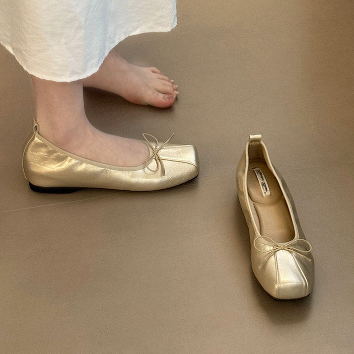 Women Square Toe Soft Leather Bow Decor Ballet Flats, Elegant Shallow Cut Slip-on Casual Shoes