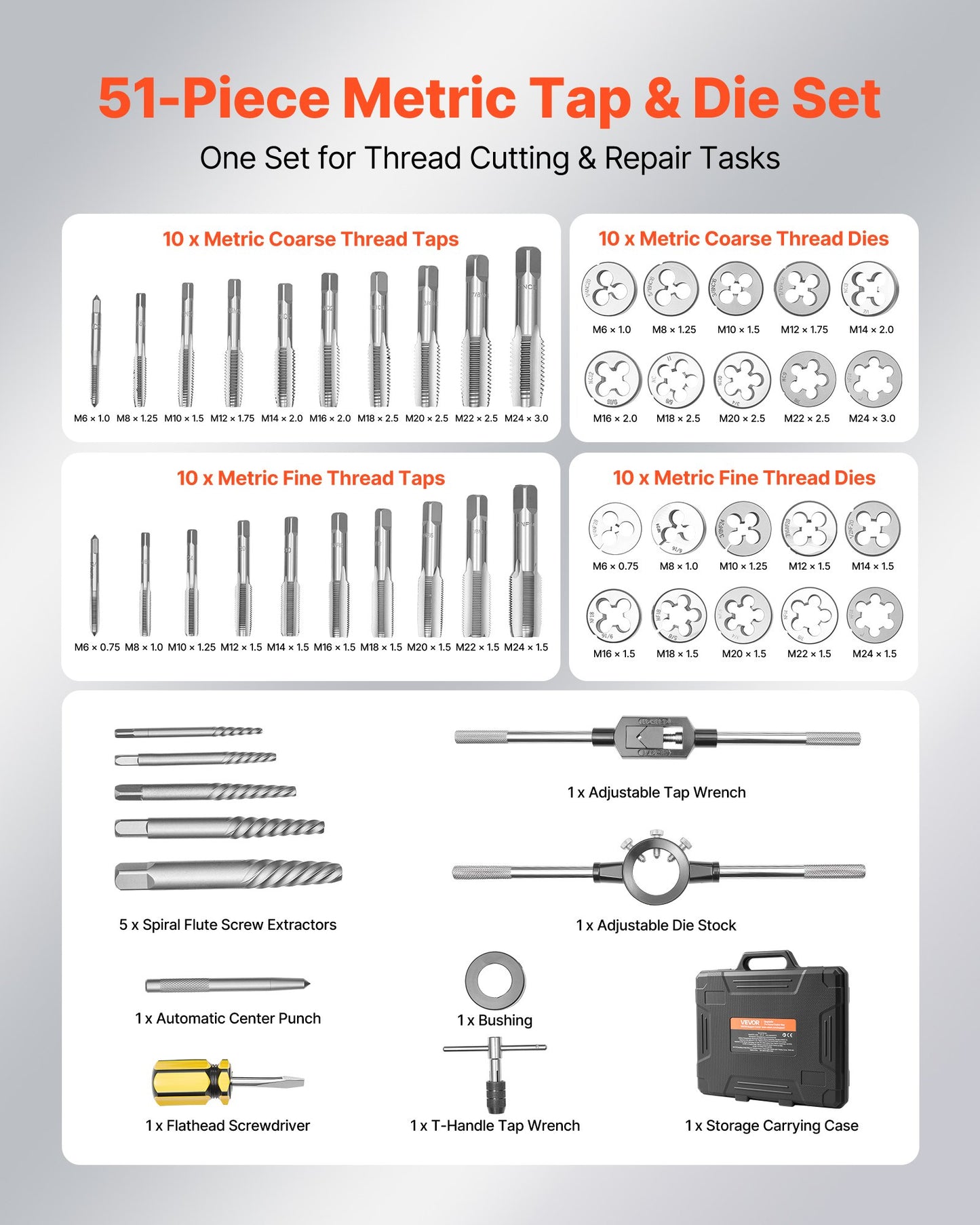 Tap And Die Set, 51-Piece Metric Sizes M6 To M24, With Coarse And Fine Thread Taps And Dies, Wrench, Carrying Case And Complete Accessories, Bearing Steel, For Threading And Rethreading Threads