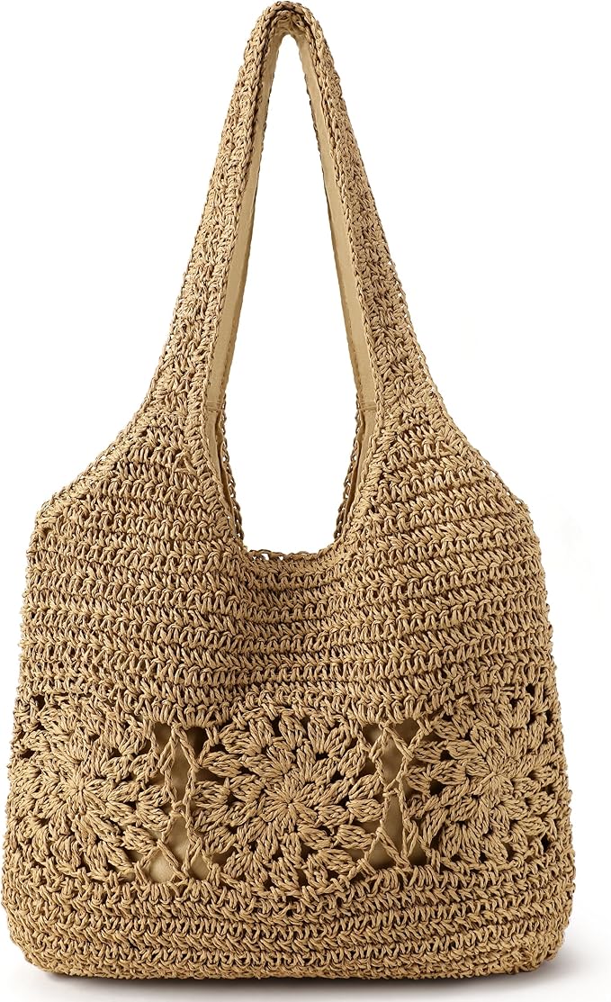 Loiyadn Beach Bag, Straw Beach Bags for Women, Floral Designed Beach Tote Lightweight Foldable Straw Bag