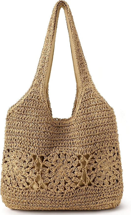 Loiyadn Beach Bag, Straw Beach Bags for Women, Floral Designed Beach Tote Lightweight Foldable Straw Bag