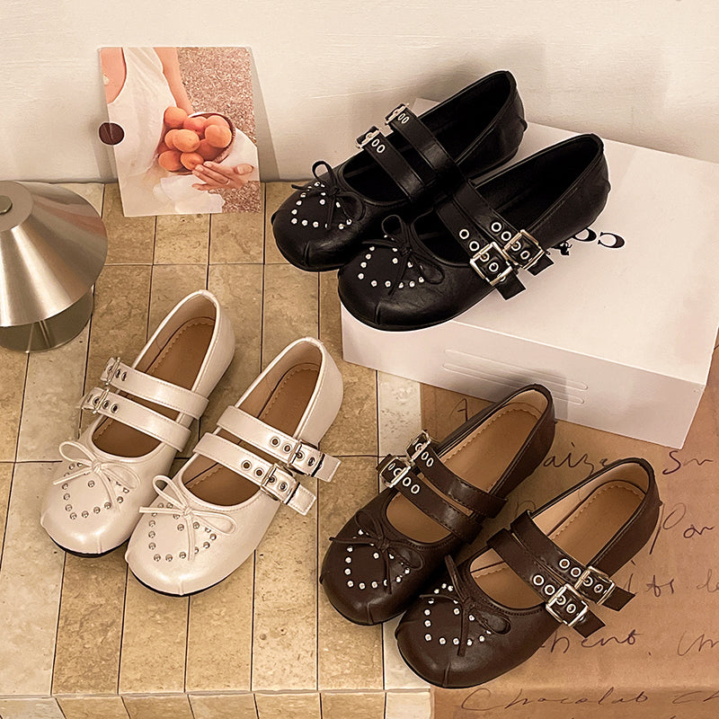 French Retro Rivet Mary Jane Shoes For Women, 2026 New Spring & Autumn Single Strap Ballet Flats, Soft Sole Ladies Dress Shoes