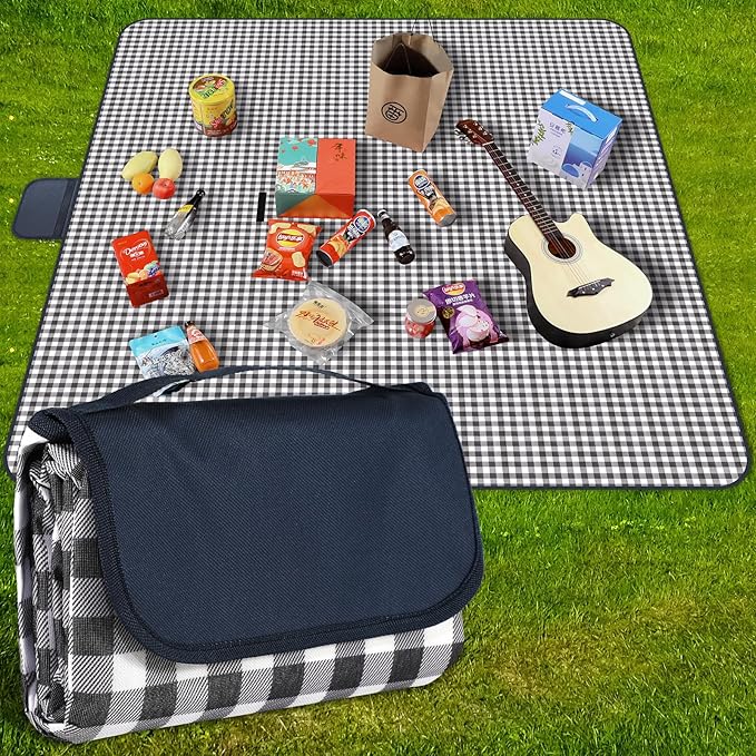 GUSUWU Picnic Blanket Waterproof Beach Rug 80''x80'' Picnic Mat Washable Lightweight with Handle Navy Blue Checkered for H...