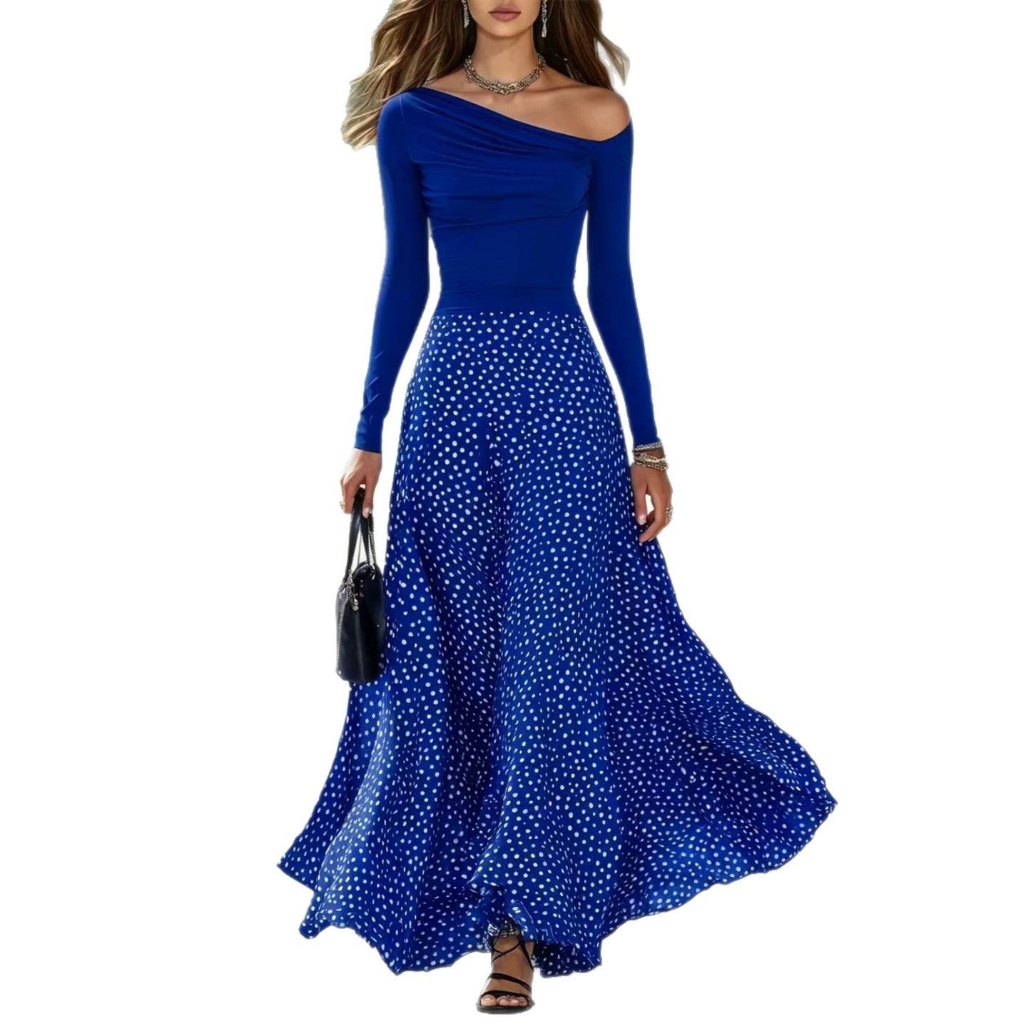 Autumn New Arrival Resort-Style One-Shoulder Long-Sleeve Polka-Dot Maxi Dress Set