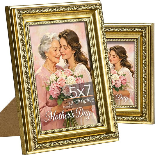 upsimples 5x7 Picture Frame with Real Glass, Ornate Vintage 5 x 7 Photo Frames for Wall Decor or Tabletop Display, Gold, 2...