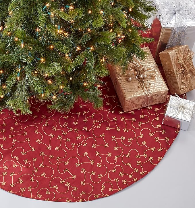 SARO LIFESTYLE Lala Collection Ari Embroidered Christmas Tree Skirt, 52", Burgundy