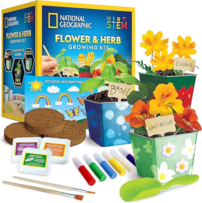 National Geographic Flower & Herb Gardening Kit for Kids - Gardening Set with 3 Stainless Steel Pots, Paint & Stickers, Ki...