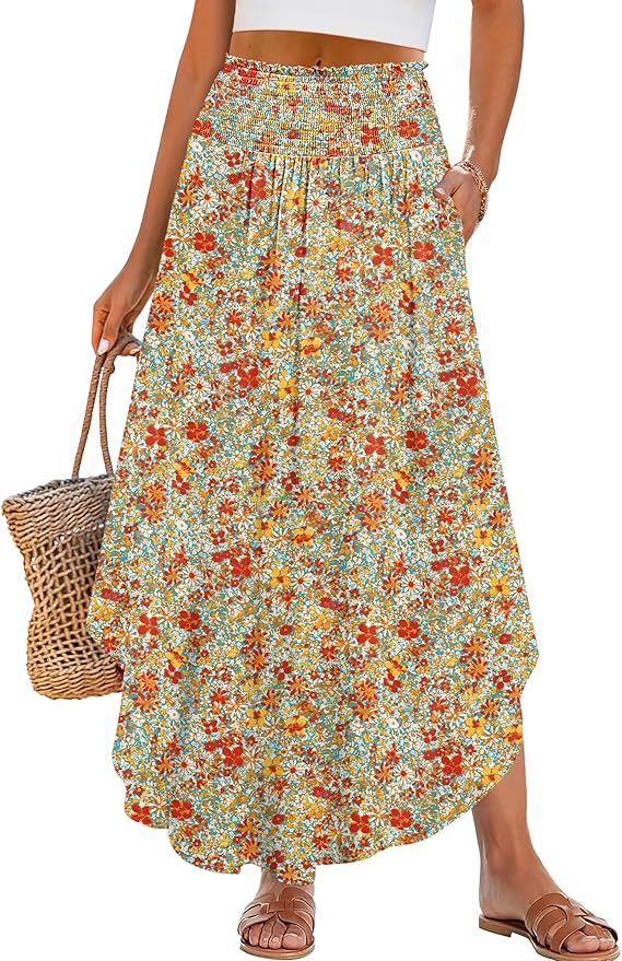 ANRABESS Women's Maxi Skirts Summer Boho Floral High Waisted Flowy Swing Pleated Beach Long Skirt with Pockets