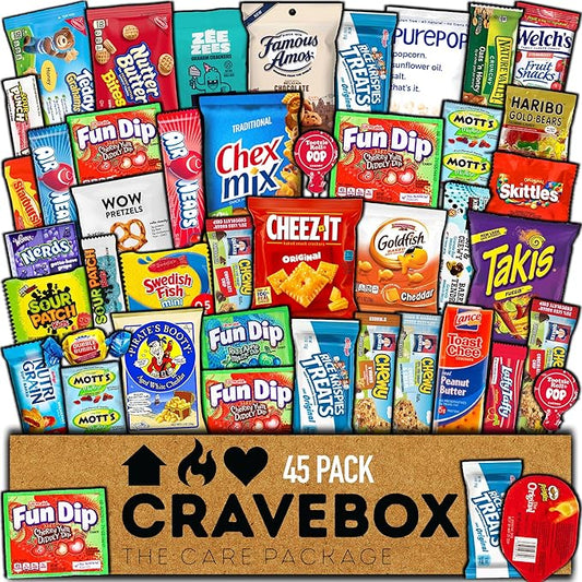 CRAVEBOX Snacks Box Variety Pack Care Package (45 Count) Mother's Day Treats Gift Basket Adults Kids Grandkids Guys Girls ...