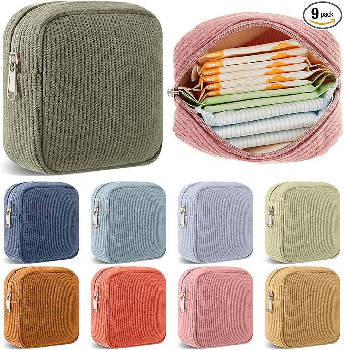 Dansydaisy 9 Pcs Sanitary Storage Pouch Mini Corduroy Makeup Bag Valentine's Day Period Pouch Gift Tampon Bag for Women Te...