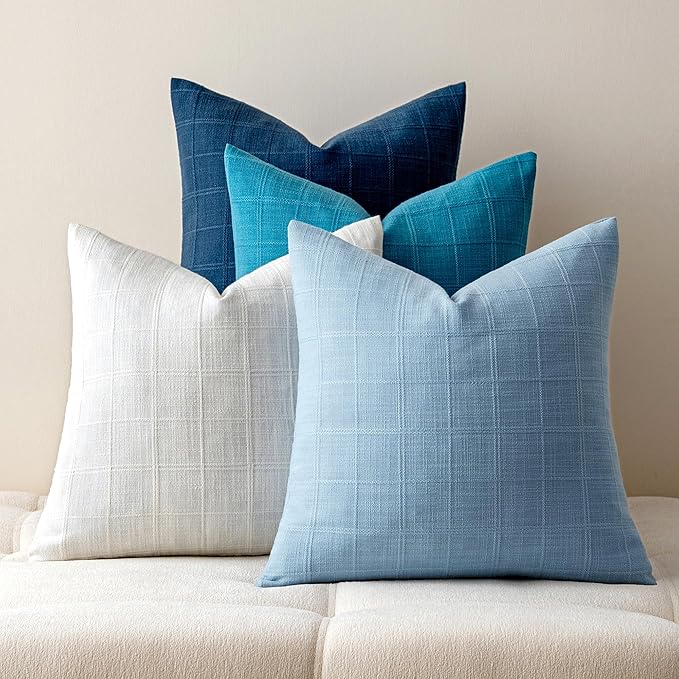 Aesthaboho Blue Linen Pillow Covers Set of 4, Decorative Plaid Throw Pillow Covers 20 x 20 Inch, Boho Cushion Soft Neutral...