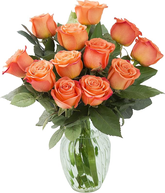 KaBloom - Bouquet of 12 Fresh Orange Roses with Vase - Fresh Flowers for Birthday, Valentine's & Mother's Day