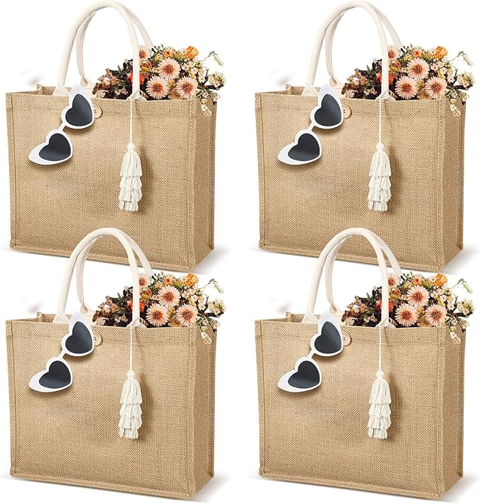 Woanger 4 Pack Burlap Tote Bags for Women Bridesmaid Jute Gift Bag with Handles and Tassels Reusable Grocery Bags for Wedding