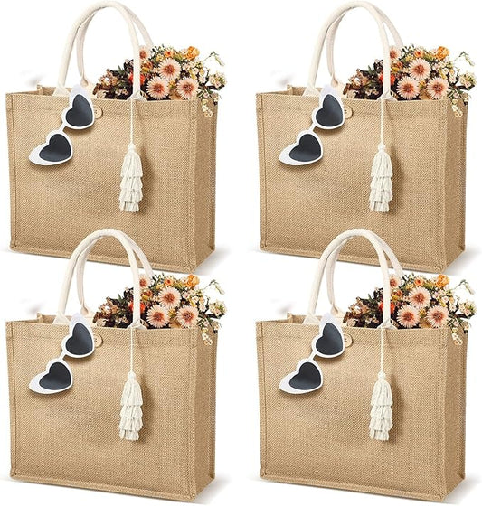 Woanger 4 Pack Burlap Tote Bags for Women Bridesmaid Jute Gift Bag with Handles and Tassels Reusable Grocery Bags for Wedding