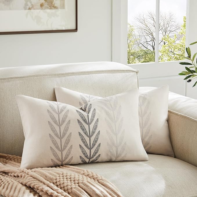 YZJZEDS 100% Cotton Farmhouse Leaves Lumbar Throw Pillow Covers Set of 2, 12x20 Inch Mixed Grey Pastoral Decorative Print ...
