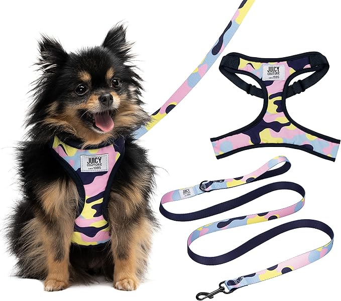 Juicy Couture Colorful Camo Dog Harness and Leash Set – Adjustable Puppy Harness with Puppy Leash & Mesh Padding Dog Harne...