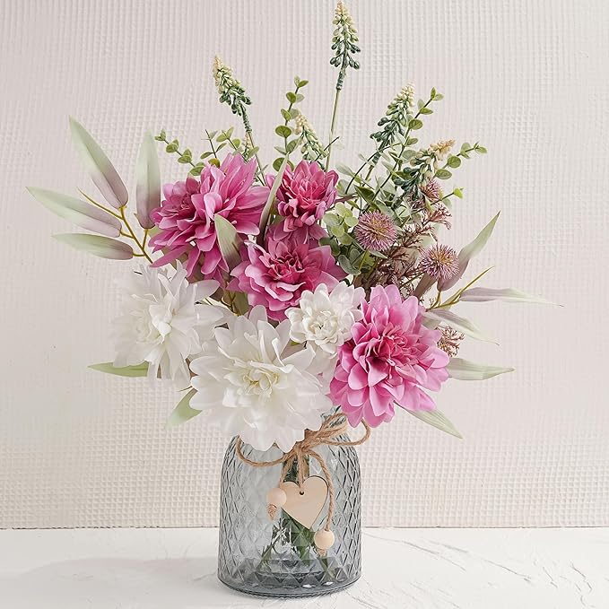LUEUR Artificial Dahlia Flowers with Vase – Rose Red Faux Flower Arrangement, Romantic Floral Centerpiece Table Decoration...