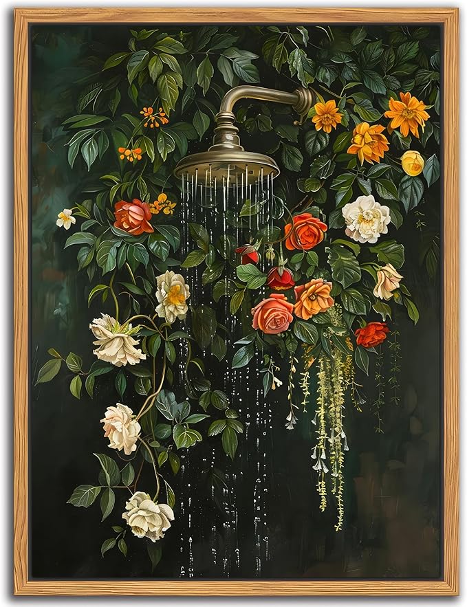 Floating Framed Floral Shower Wall Art, Vintage Botanical Flower Canvas Print, Romantic Garden Roses and Waterfall Paintin...