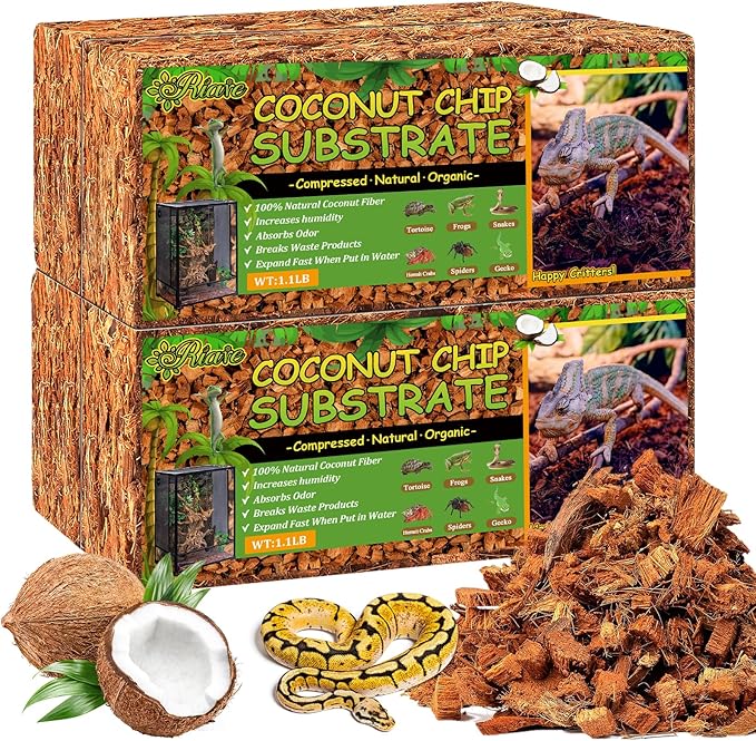 Riare 4 Pack Natural Coconut Chip Substrate for Reptiles- Compressed Coconut Husk Reptiles Bedding, Coco Husk Chip Terrari...