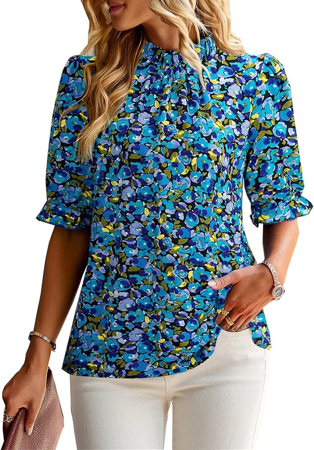 ZILIN Women's Summer Boho Floral Shirt Top Ruffle Mock Neck Puff Short Sleeve 2026 Casual Blouses