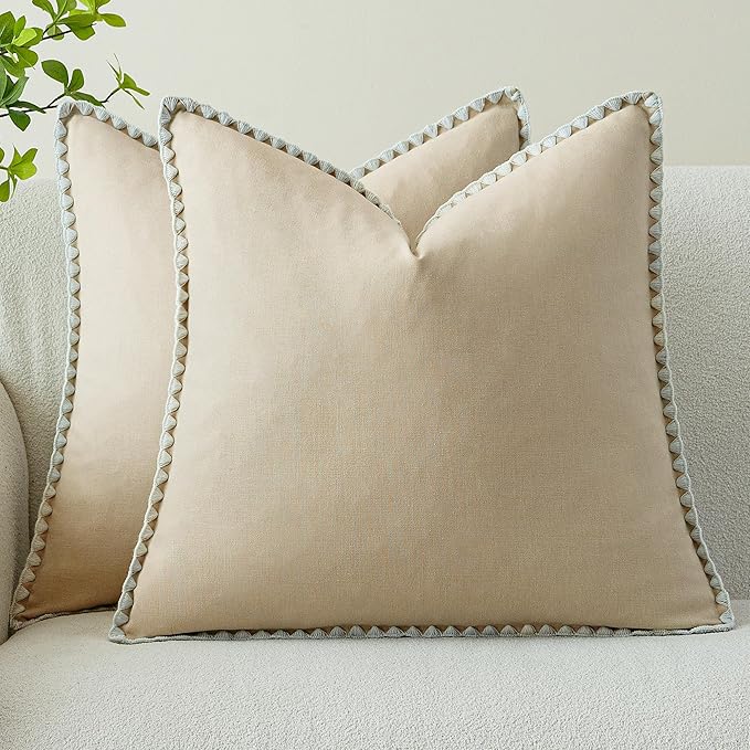 Aesthaboho Linen-Look Pillow Covers Set of 2, Decorative Throw Pillow Covers 24 x 24 Inch, Neutral Boho Shell Seamed Cushi...
