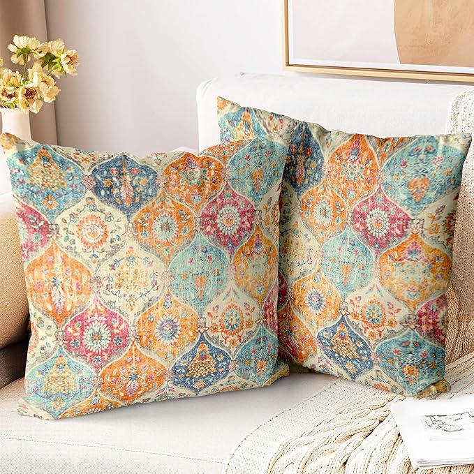 ZSYTZL Boho Throw Pillow Covers 18x18 inch Set of 2,Soft Pillowcases Bohemia Carpet Printing Pattern Decorative Sofa Livin...