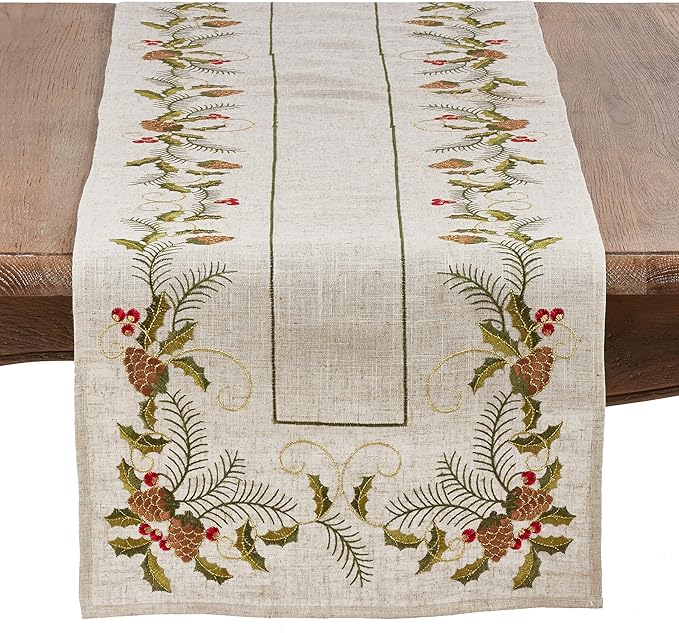 SARO LIFESTYLE 1851.N1654B Joyeuses Fêtes Collection Embroidered Pinecone And Holly Table Runner, 16" x 54", Natural