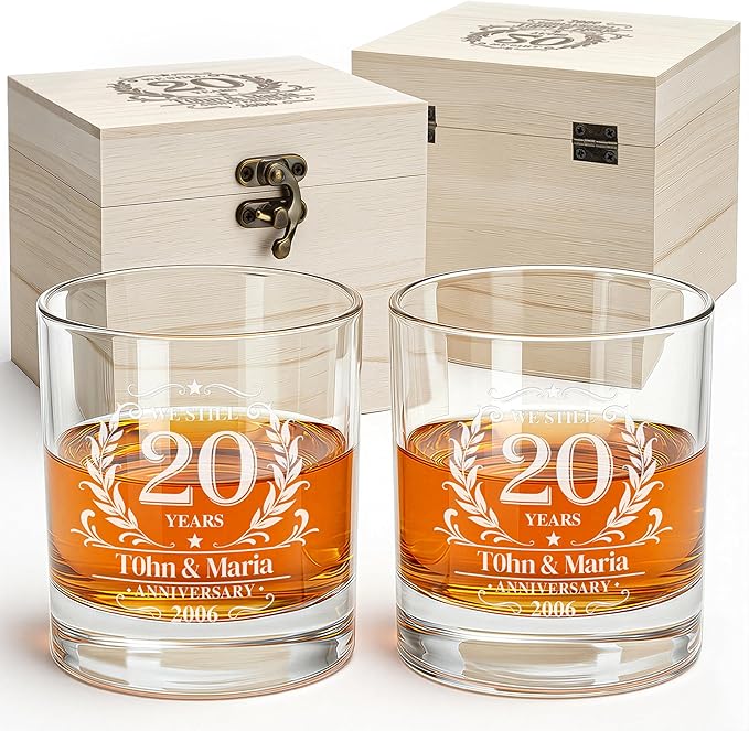 Lyrissa Personalized 12 oz Whiskey Glasses for Men, Custom Anniversary - Gifts for Couple Him Husband in Premium Wooden Bo...