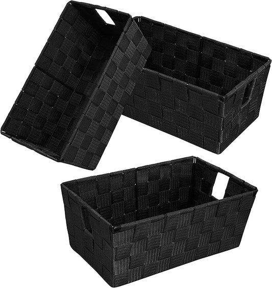 Woven Black Storage Baskets Shelf Tote Boxes Container, Durable Storage Organizer Bins with Built-in Handles for Bedroom, ...