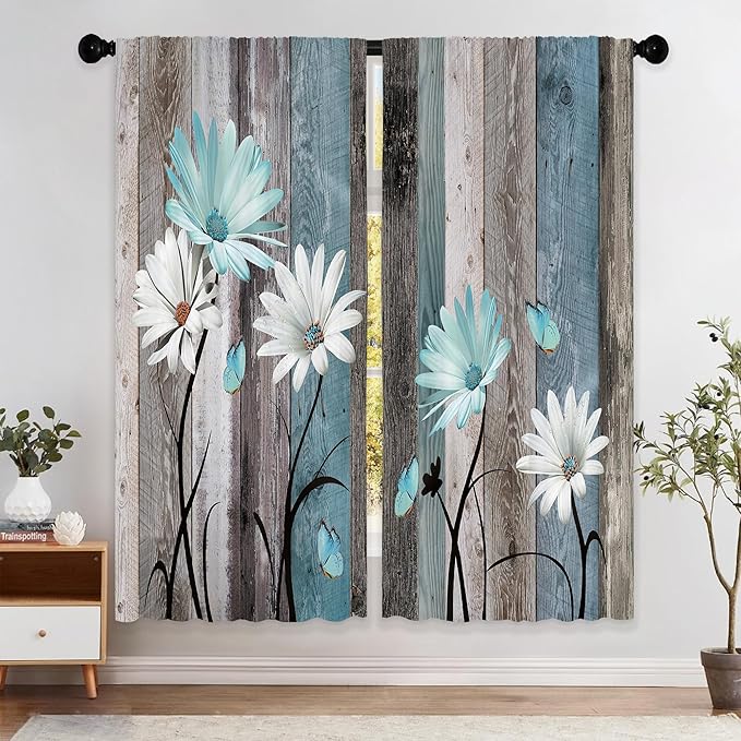 Laifzere Teal Farmhouse Daisy Curtains, Wooden Flower Window Curtains 52x84 Inch for Bedroom Living Room Decor, Rustic Flo...