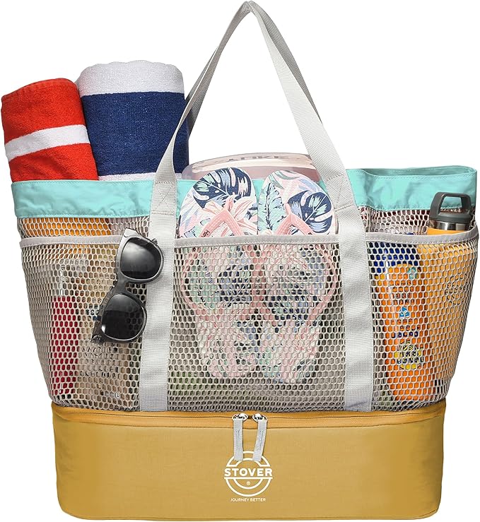 STOVER Extra Large Mesh Beach Bag, Vacation, Pool, Shopping & Travel Tote - Foldable w/Storage Pouch & Pockets for Women, Men