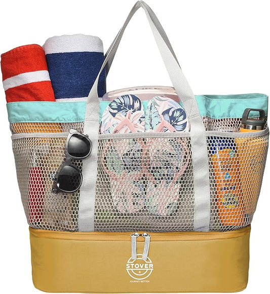 STOVER Extra Large Mesh Beach Bag, Vacation, Pool, Shopping & Travel Tote - Foldable w/Storage Pouch & Pockets for Women, Men