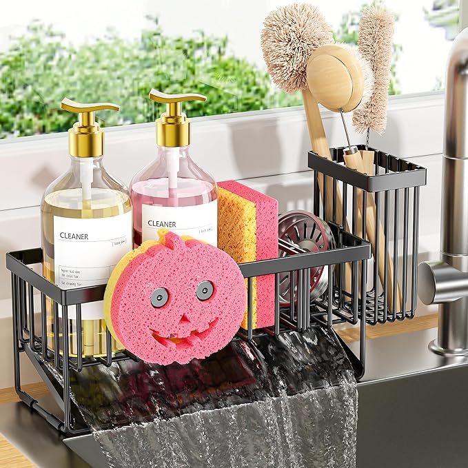 Sponge Holder for Kitchen Sink,Smiley Face Sink Caddy with Removable Brush Holder,Self-Draining Sponge Caddy for Sponge,So...