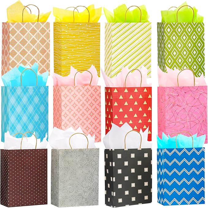 12 Pack 13" Large Kraft Paper Gift Bags Assortment with Tissue Paper & Handles, 12 Unique Solid & Geometric Pattern Design...