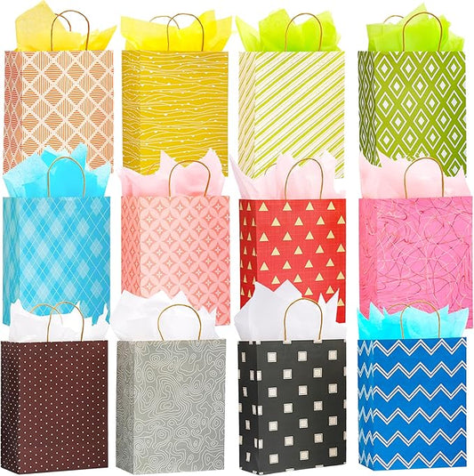 12 Pack 13" Large Kraft Paper Gift Bags Assortment with Tissue Paper & Handles, 12 Unique Solid & Geometric Pattern Design...