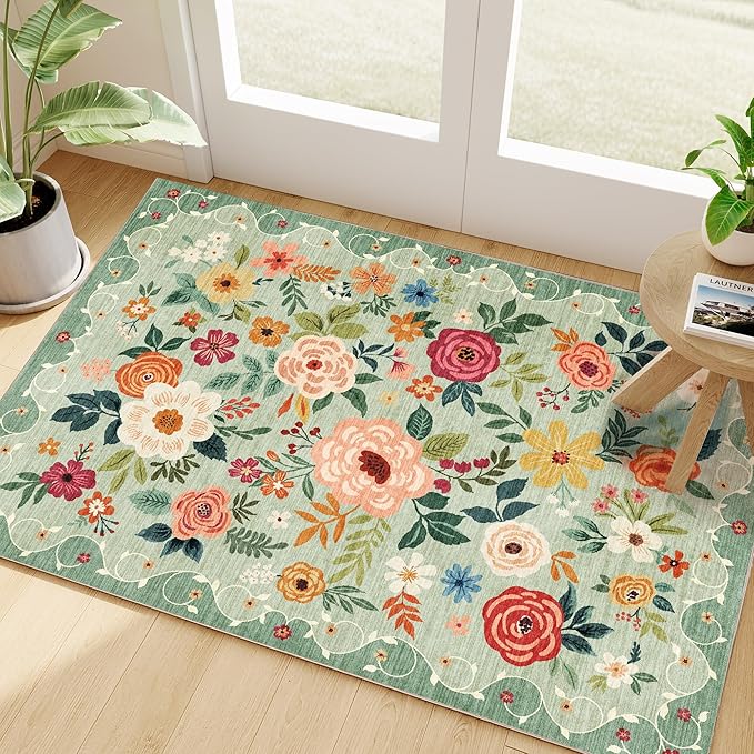DUKINO 2x3 Rugs for Entryway, Floral Indoor Washable Front Door Mat, Non Slip Boho Small Carpet, Soft Low Pile Throw Rug f...