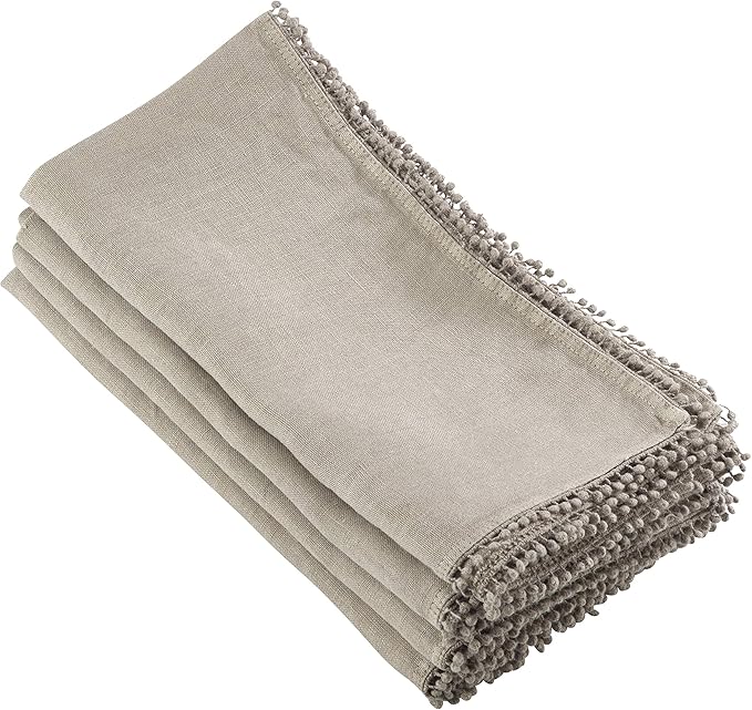 SARO LIFESTYLE 15062.N20S Pomponin Collection Linen Pom Napkins (Set of 4), 20" Natural