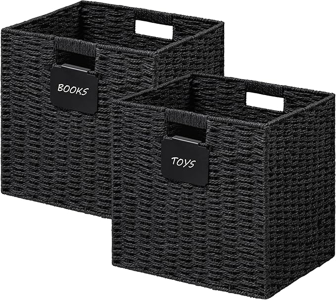 UBBCARE 2 Pack Wicker Basket, 10.5×10.5 Storage Cubes with Label, Foldable Cube Storage Bin with Handle, Square Storage Ba...
