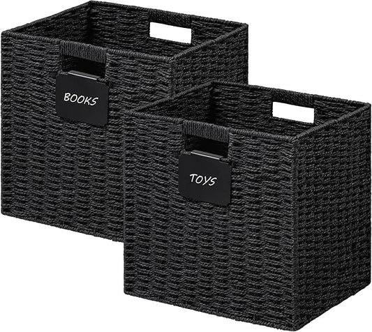UBBCARE 2 Pack Wicker Basket, 10.5×10.5 Storage Cubes with Label, Foldable Cube Storage Bin with Handle, Square Storage Ba...