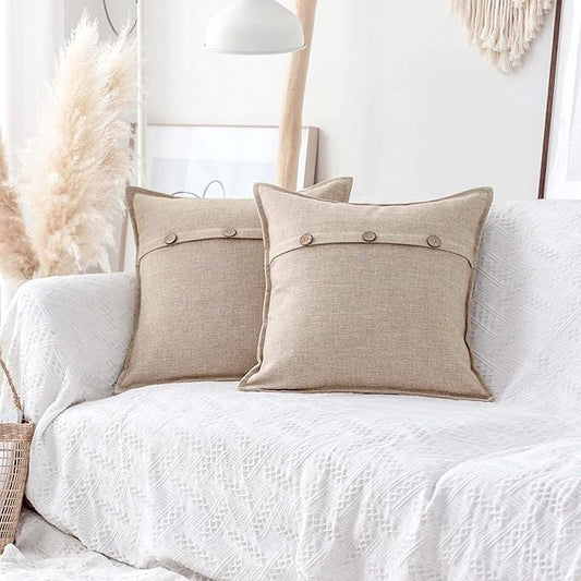 Home Brilliant Decorative Pillow Covers Textured Burlap Button Pillowcases Farmhouse Holiday Lined Linen Cushion Covers fo...