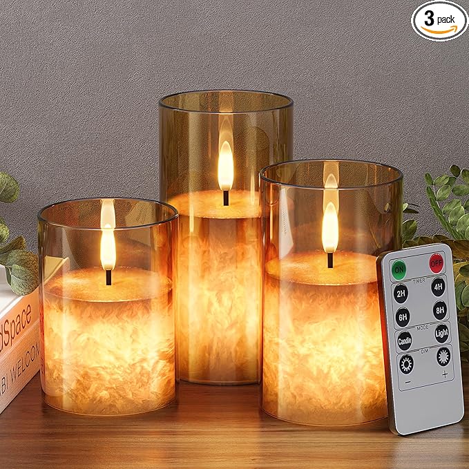 VIODAIM Ice Crystal Real Wax Glass Flameless Candles with Remote & Timer, Battery Operated Candles with Warm Flickering Fl...