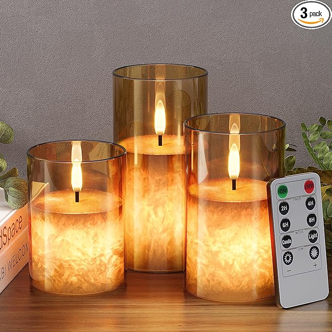 VIODAIM Ice Crystal Real Wax Glass Flameless Candles with Remote & Timer, Battery Operated Candles with Warm Flickering Fl...