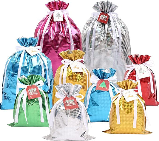 MAMUNU 15PCS Christmas Drawstring Gift Bags, Assorted Sizes Solid Color Goodie Bags Presents Wrapping Bag with Drawstring ...