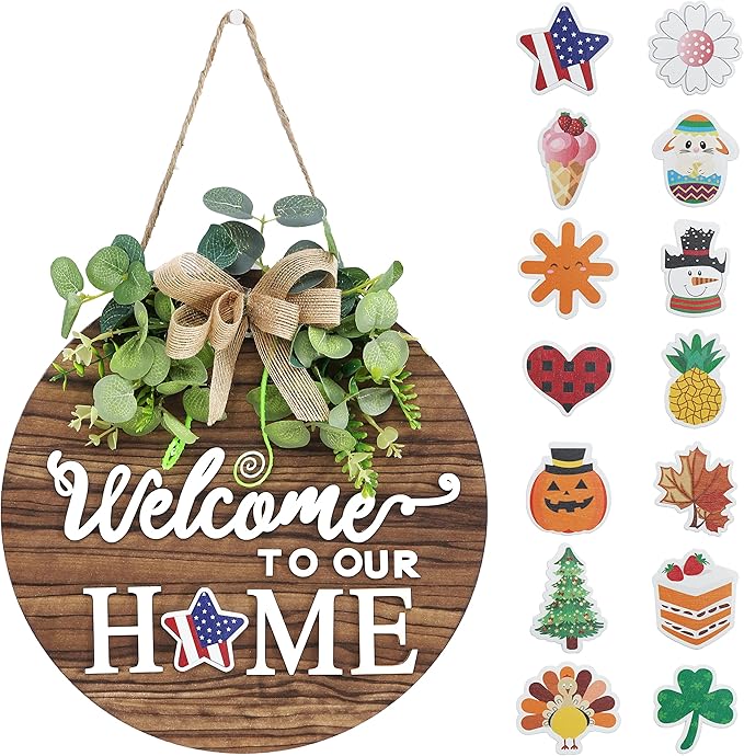 Interchangeable Seasonal Welcome Sign Front Door Decoration, Rustic Round Wood Wreaths Wall Hanging Outdoor, Farmhouse, Po...