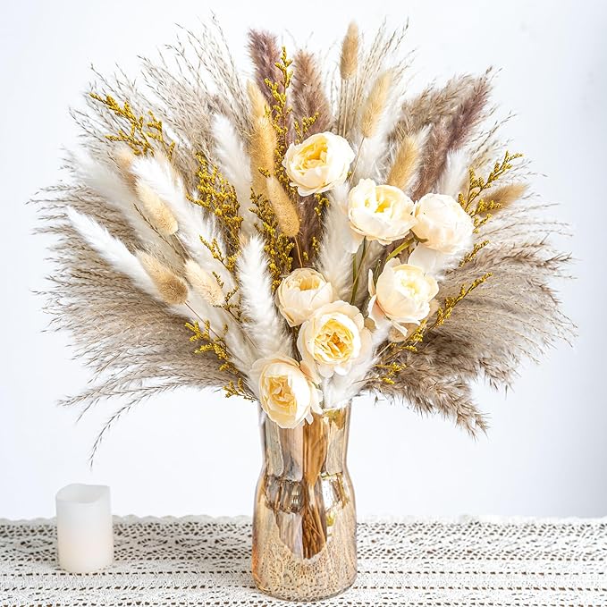 Boho Decor Bouquet - Artificial Flowers and Pampas Grass Decor kit,Mix Dried Flower Arrangement Bunny Tail Home Table Rust...