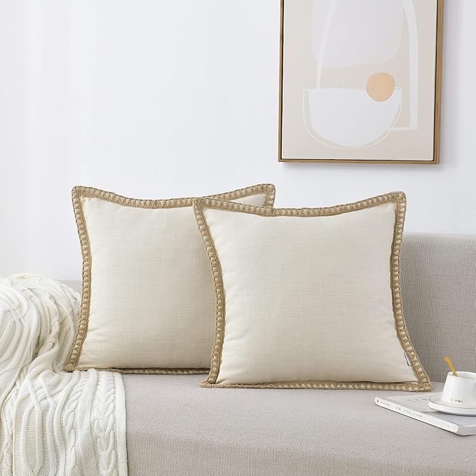 NordECO HOME Set of 2 Throw Pillow Covers - Burlap Linen Trimmed Tailored Edges Decorative Cushion Covers for Bed Home Dec...
