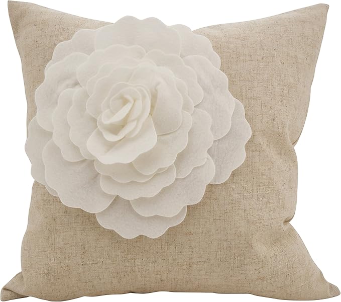 SARO LIFESTYLE Fiorire Collection Lotus Flower Felt Throw Pillow, 18", Ivory
