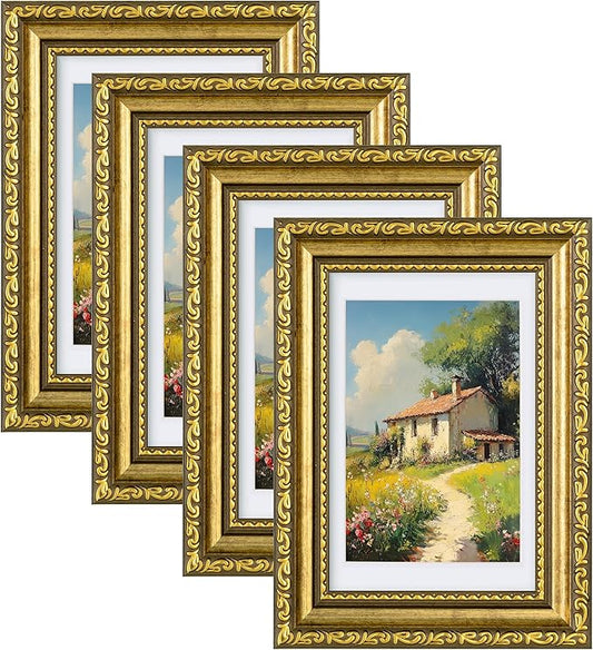 eletecpro 4x6 Picture Frames Set of 4, Retro Frames with Glass Cover, Vintage Gold Photo Frame 4 by 6 Displays 3.5x5 Photo...