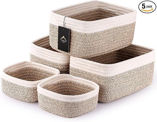 VIRETH HAUS 5-Pack Small Woven Rope Storage Baskets – 2 Sizes Organizer Bins for Closet, Shelf, Bookshelf, Nursery, Changi...